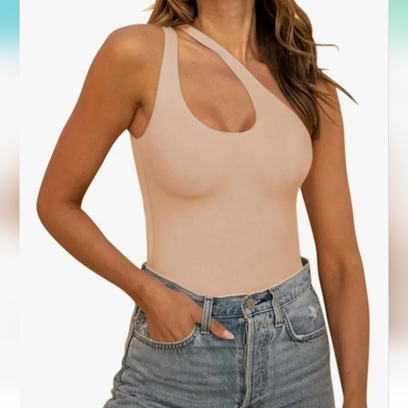 REORIA Women’s Sexy Plunge One Shoulder Sleeveless Tank Bodysuit | Nude | Size L - Picture 2 of 5